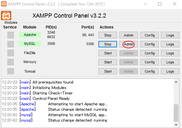 XAMPP Control Panel MySQL 起動